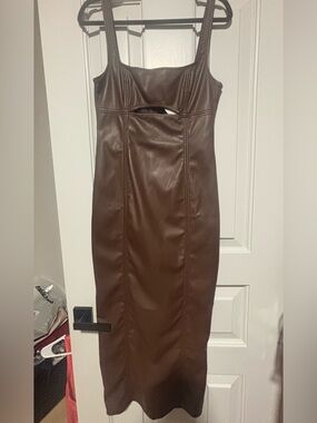 Blue Blush Women's Brown Faux Leather Cutout Midi Dress.